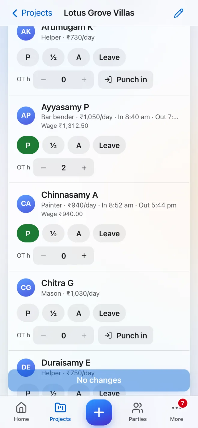 Daily attendance register for a fictional demo site: 8 present, 2 half day, workers with role and day rate, Present, Half day, Absent and Leave buttons, overtime steppers, and punch-in and punch-out times