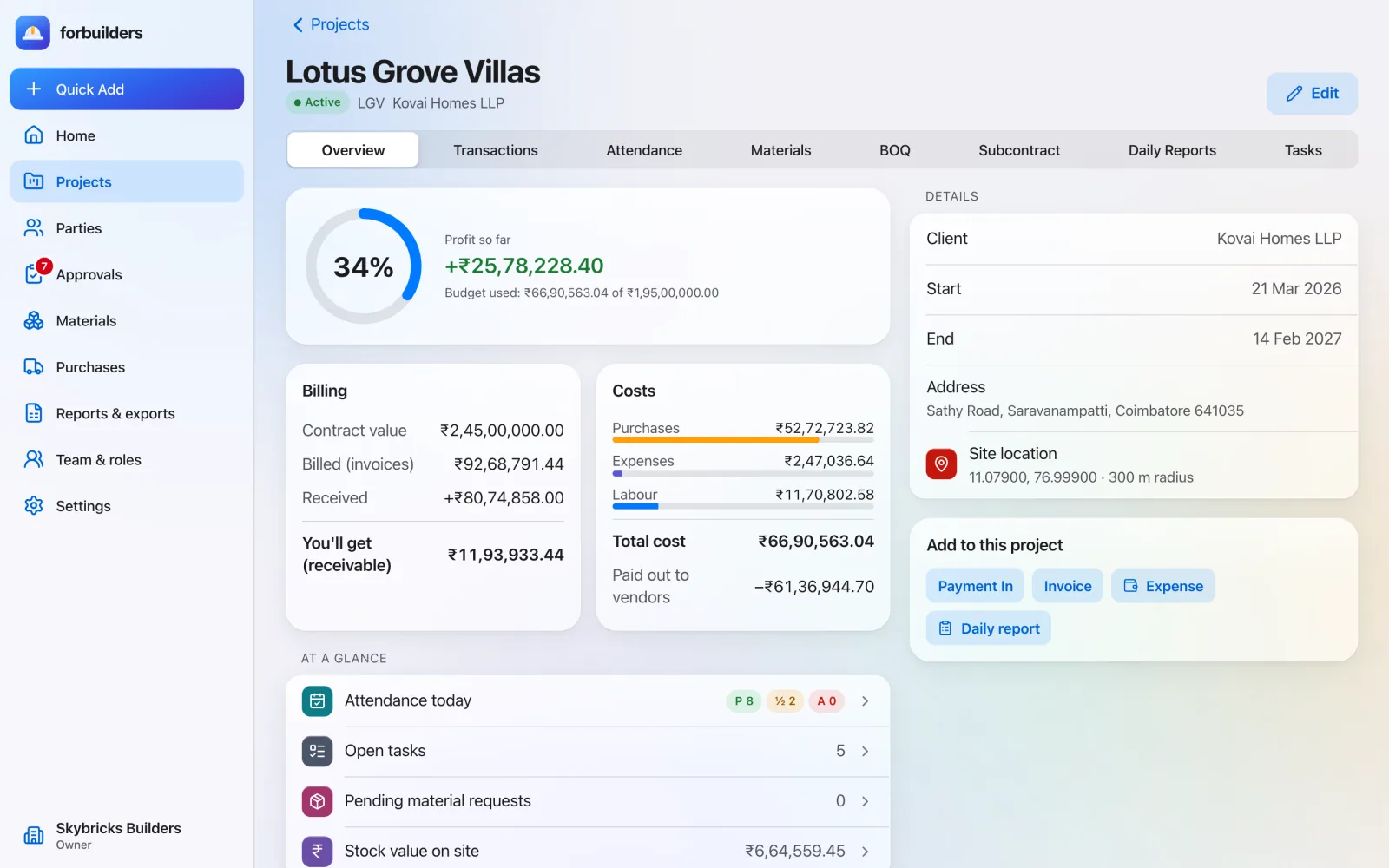 Project overview for the fictional demo project Lotus Grove Villas: 34% progress ring, profit so far of about 25.8 lakh rupees, budget used against a 1.95 crore budget, and billing figures for contract value, billed, received and receivable